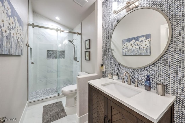 full bathroom with visible vents, a shower stall, toilet, and lofted ceiling