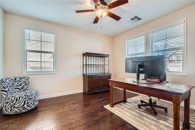 office area featuring visible vents, baseboards, dark wood finished floors, and a ceiling fan