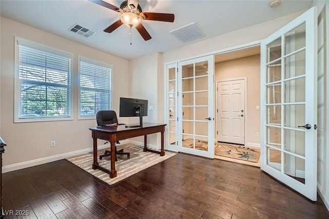 office area featuring dark wood-type flooring, a ceiling fan, visible vents, and baseboards