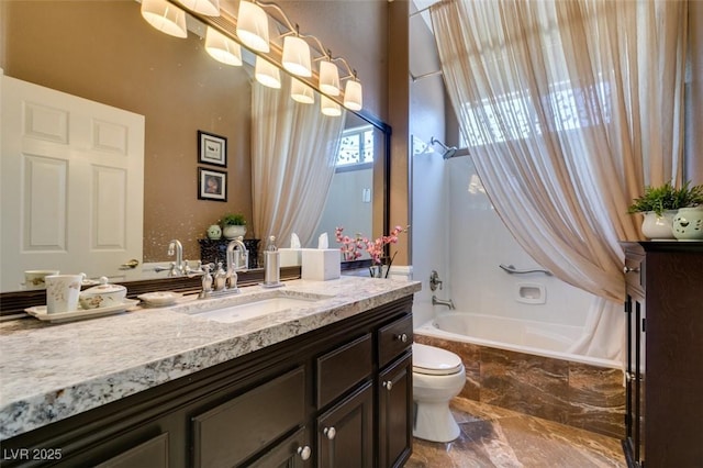 bathroom featuring vanity, toilet, and shower / bathtub combination with curtain