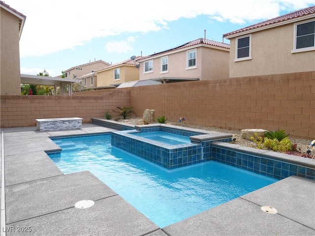 view of pool with a fenced in pool, an in ground hot tub, a fenced backyard, and a patio