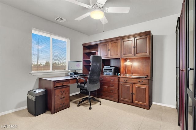 home office with baseboards, visible vents, and ceiling fan