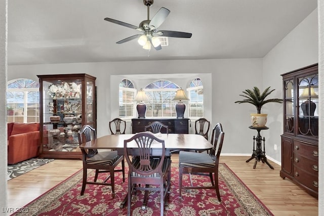 dining area featuring plenty of natural light, light wood finished floors, and ceiling fan