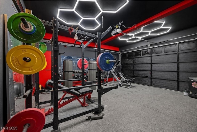 workout room featuring a garage