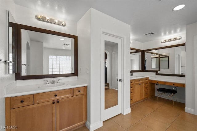 full bath with tile patterned flooring, recessed lighting, vanity, and visible vents