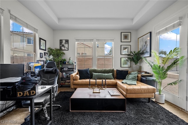 home office with a raised ceiling