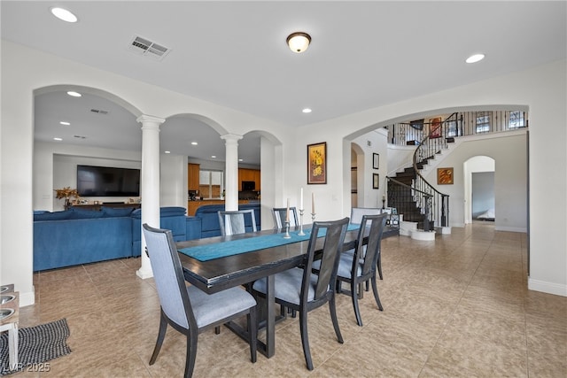 dining area with decorative columns, recessed lighting, and visible vents