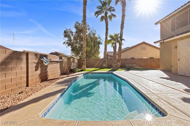 view of swimming pool featuring a patio area, a fenced backyard, and a fenced in pool