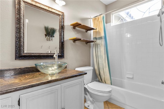 bathroom featuring tile patterned flooring, toilet, vanity, and shower / bathtub combination with curtain