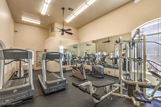 exercise room featuring visible vents and ceiling fan