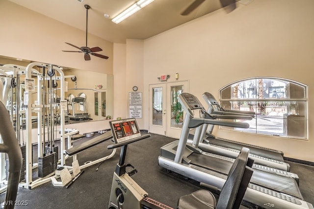 workout area with french doors, high vaulted ceiling, and a ceiling fan