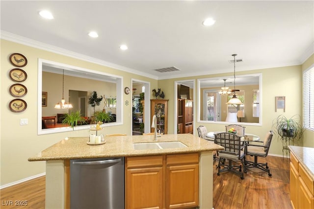 7172 Painted Paradise St, Las Vegas, NV 89131 - kitchen with stainless steel dishwasher, a sink, a chandelier, dark wood finished floors, and ornamental molding