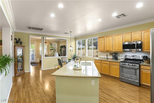 7172 Painted Paradise St, Las Vegas, NV 89131 - kitchen featuring stainless steel appliances, a sink, light wood-type flooring, crown molding, and a kitchen island with sink