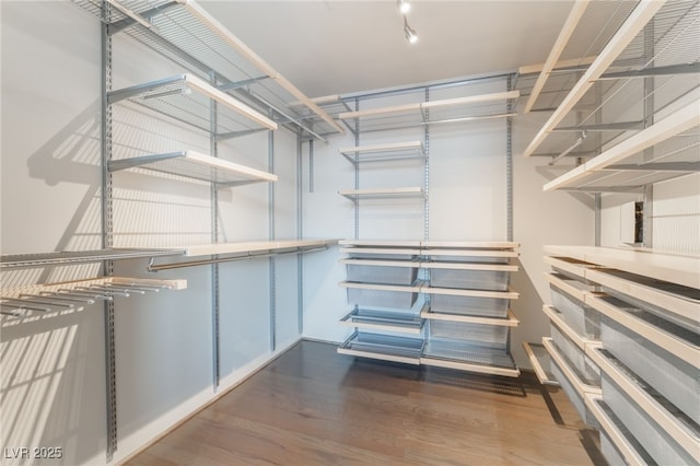 walk in closet with wood finished floors