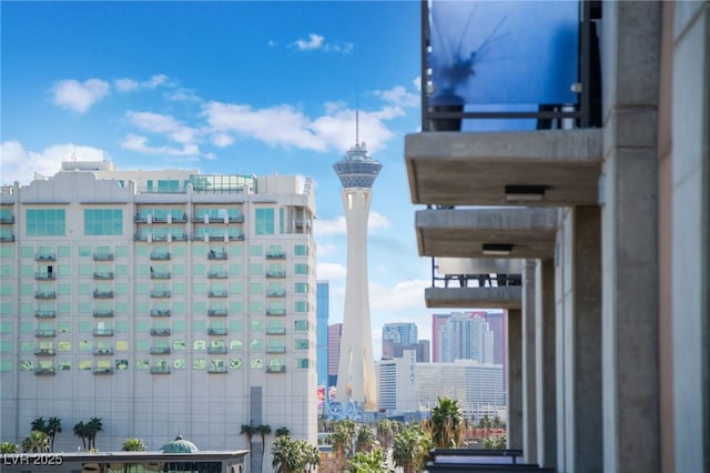 view of building exterior with a city view