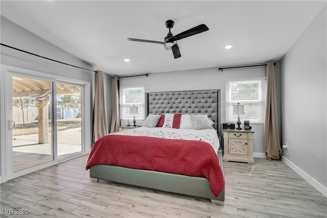 bedroom with baseboards, lofted ceiling, light wood-style flooring, ceiling fan, and access to outside