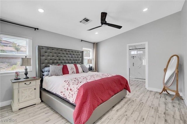 bedroom featuring recessed lighting, visible vents, baseboards, and light wood finished floors