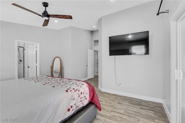 bedroom featuring recessed lighting, baseboards, light wood finished floors, and ceiling fan