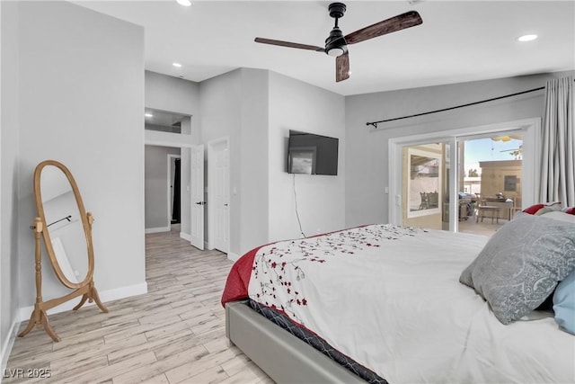 bedroom featuring recessed lighting, baseboards, light wood-style flooring, and a ceiling fan