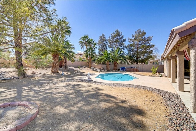 view of swimming pool featuring a fenced backyard, a fenced in pool, and a patio