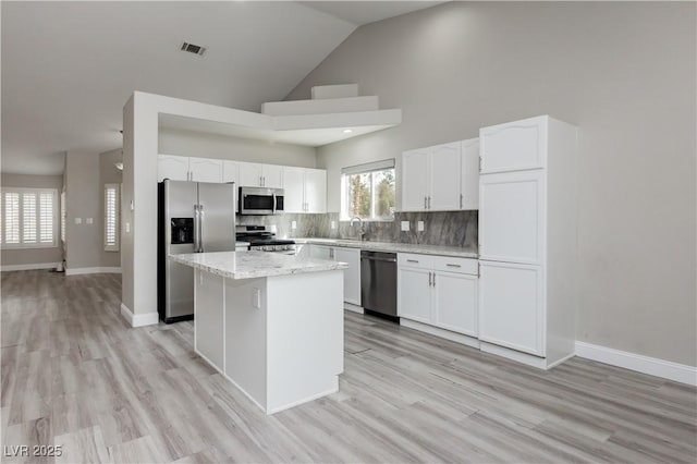 kitchen featuring a sink, a center island, white cabinetry, appliances with stainless steel finishes, and decorative backsplash