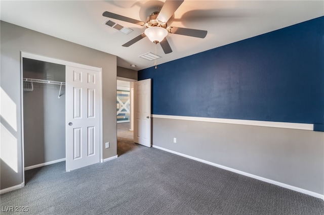 7219 Quiet Spring St, North Las Vegas, NV 89084 - unfurnished bedroom featuring carpet floors, a closet, baseboards, visible vents, and a ceiling fan