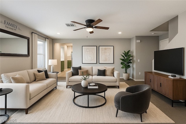 7219 Quiet Spring St, North Las Vegas, NV 89084 - living room featuring carpet flooring, recessed lighting, a ceiling fan, and visible vents