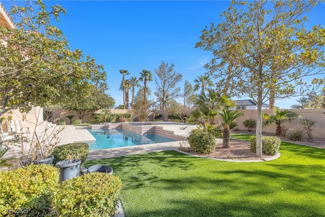 view of swimming pool with a fenced in pool, a lawn, and a fenced backyard