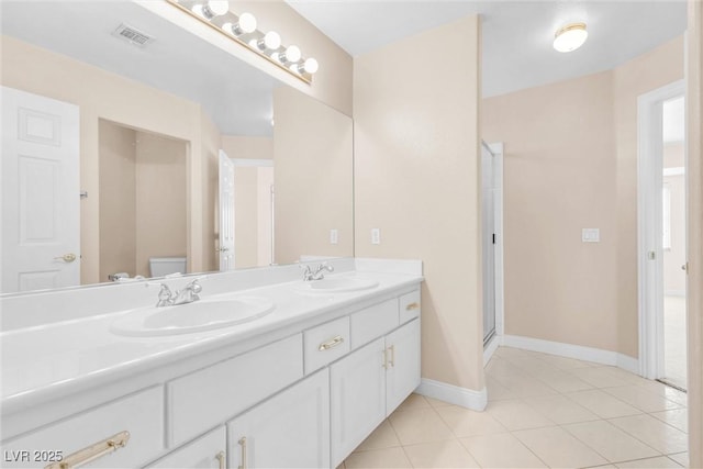 full bath with a sink, visible vents, toilet, and tile patterned floors