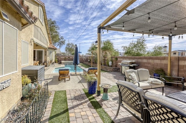 view of patio with grilling area, an outdoor living space, a fenced backyard, and a fenced in pool