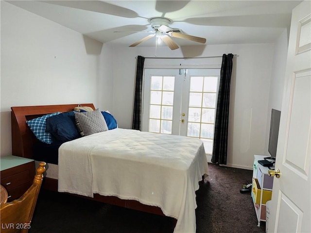 bedroom with french doors, baseboards, ceiling fan, and dark colored carpet