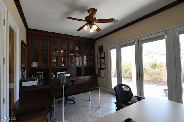 office area featuring visible vents, ceiling fan, ornamental molding, french doors, and light tile patterned flooring