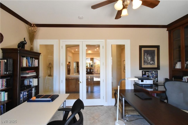 office area with light tile patterned floors, french doors, ceiling fan, and crown molding