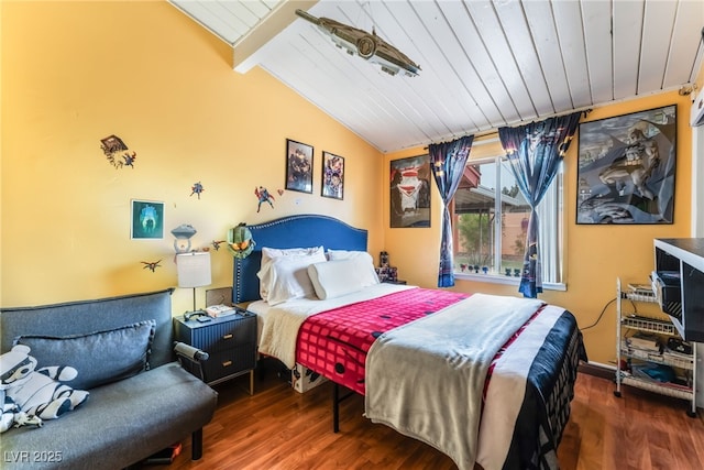 bedroom featuring wooden ceiling, vaulted ceiling with beams, and wood finished floors