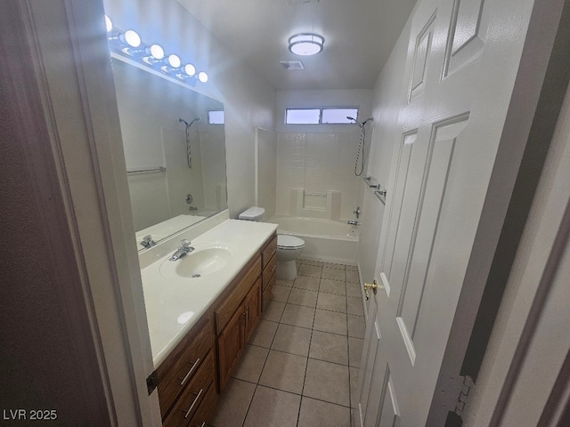 full bath featuring vanity, tile patterned floors, toilet, visible vents, and shower / bathing tub combination