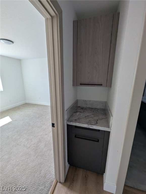 bar featuring light wood-style flooring, baseboards, and light colored carpet