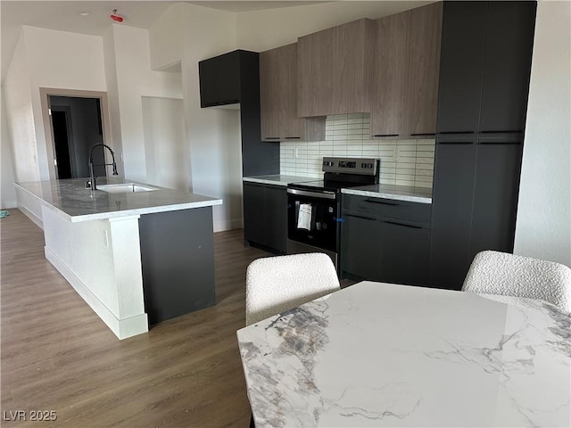 kitchen featuring decorative backsplash, modern cabinets, wood finished floors, a sink, and electric range oven