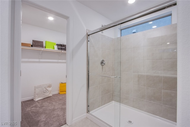 5748 Avondale Rise Way, Las Vegas, NV 89141 - full bath with a stall shower, a spacious closet, baseboards, and recessed lighting