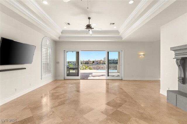 2660 Mirabella St, Henderson, NV 89052 - unfurnished living room featuring crown molding, visible vents, and a raised ceiling