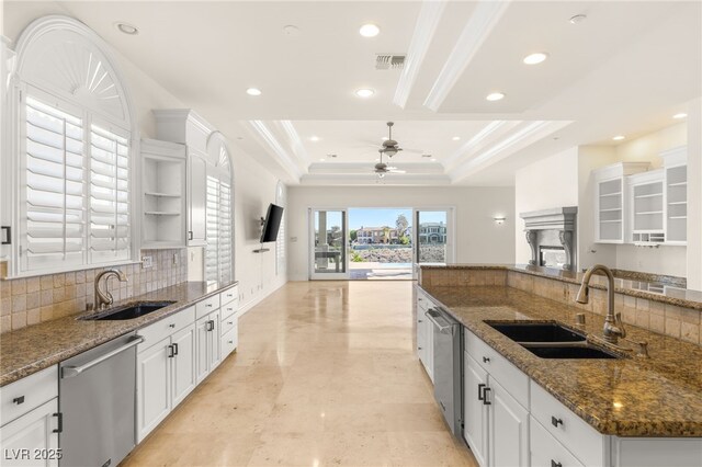 2660 Mirabella St, Henderson, NV 89052 - kitchen featuring dishwasher, a ceiling fan, open shelves, and a sink
