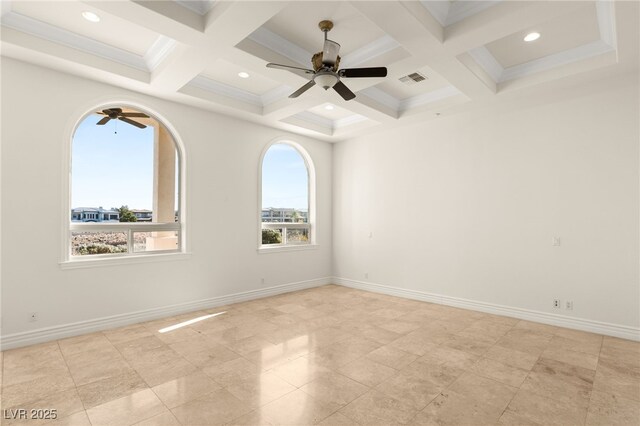 2660 Mirabella St, Henderson, NV 89052 - spare room featuring a wealth of natural light, a ceiling fan, coffered ceiling, and beam ceiling