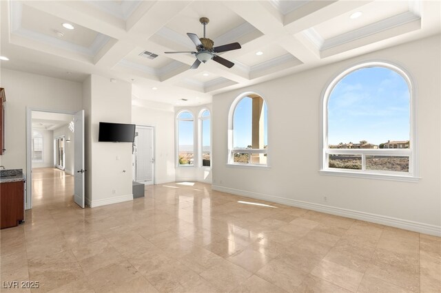 2660 Mirabella St, Henderson, NV 89052 - unfurnished living room featuring visible vents, coffered ceiling, ceiling fan, and a healthy amount of sunlight