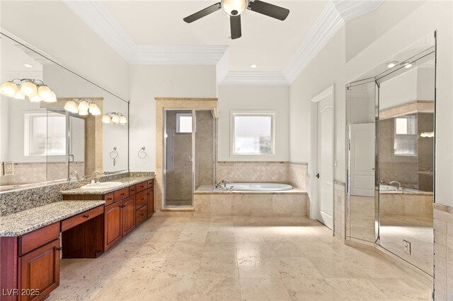 2660 Mirabella St, Henderson, NV 89052 - bathroom featuring a bath, a ceiling fan, ornamental molding, and vanity