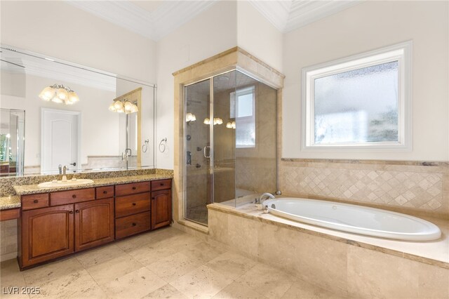 2660 Mirabella St, Henderson, NV 89052 - full bathroom featuring a bath, crown molding, vanity, and a stall shower