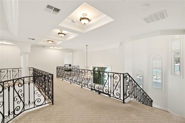 2660 Mirabella St, Henderson, NV 89052 - corridor featuring coffered ceiling, visible vents, an upstairs landing, and ornamental molding