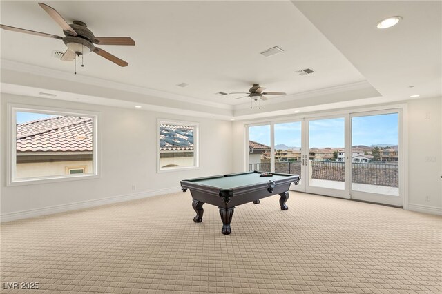2660 Mirabella St, Henderson, NV 89052 - playroom featuring a ceiling fan, a raised ceiling, light colored carpet, baseboards, and visible vents