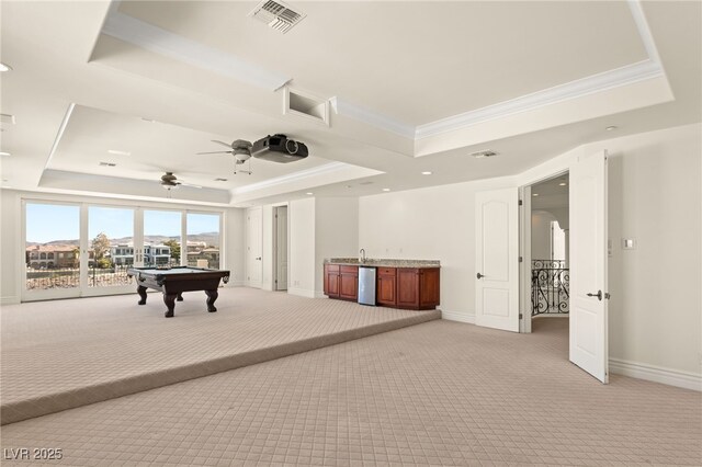 2660 Mirabella St, Henderson, NV 89052 - recreation room featuring pool table, a tray ceiling, light colored carpet, ornamental molding, and visible vents