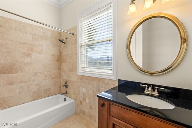 2660 Mirabella St, Henderson, NV 89052 - bathroom featuring bathtub / shower combination, tile patterned flooring, vanity, and ornamental molding