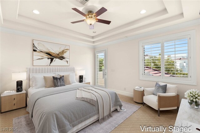 2660 Mirabella St, Henderson, NV 89052 - bedroom with recessed lighting, access to outside, visible vents, and a raised ceiling
