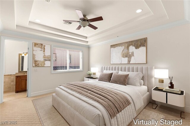 2660 Mirabella St, Henderson, NV 89052 - bedroom featuring visible vents, baseboards, recessed lighting, ensuite bath, and a raised ceiling